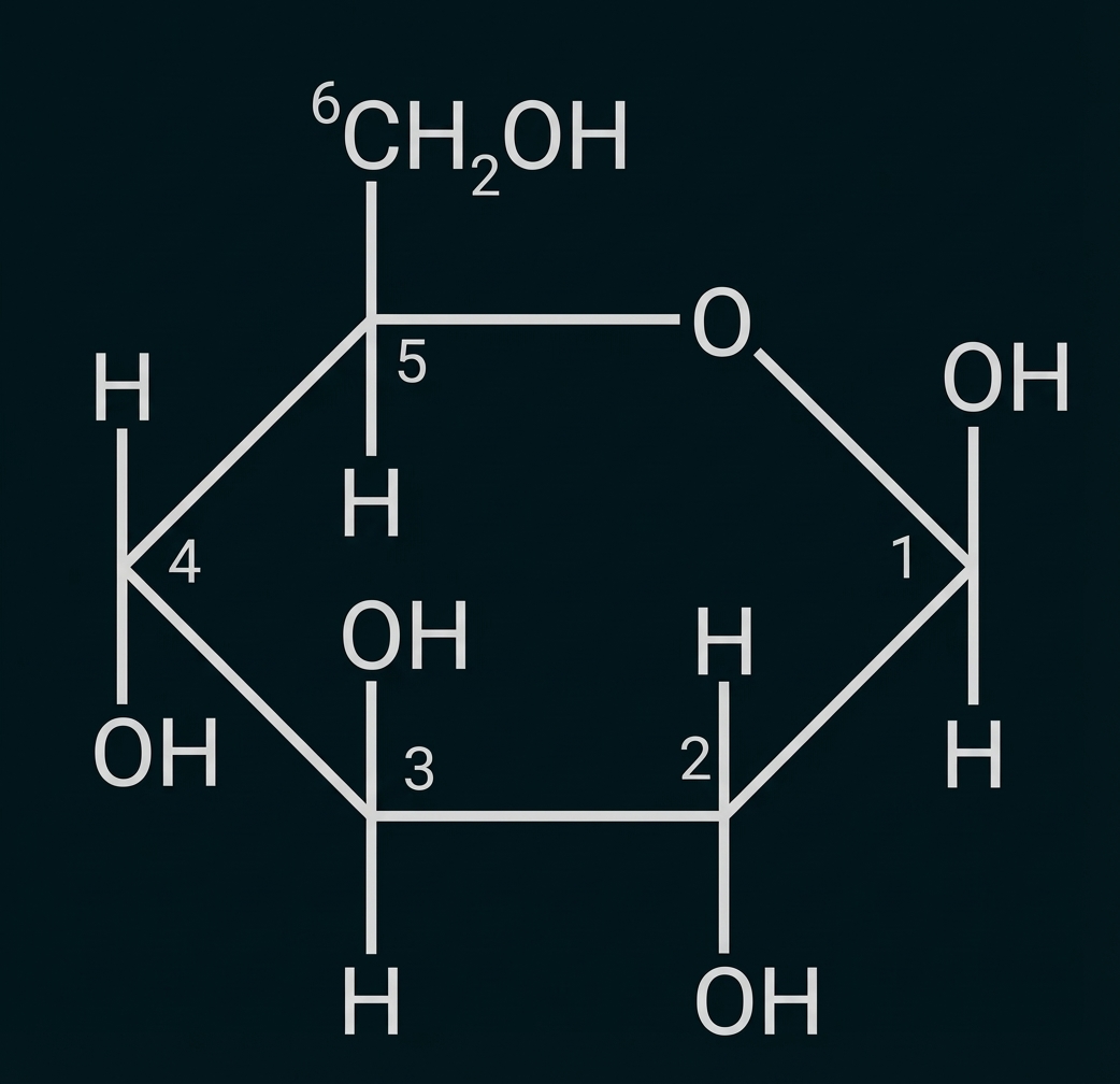 Sechsgliedriger Pyranose-Ring (Glukose) mit OH- und H-Gruppen und nummerierten Kohlenstoffatomen