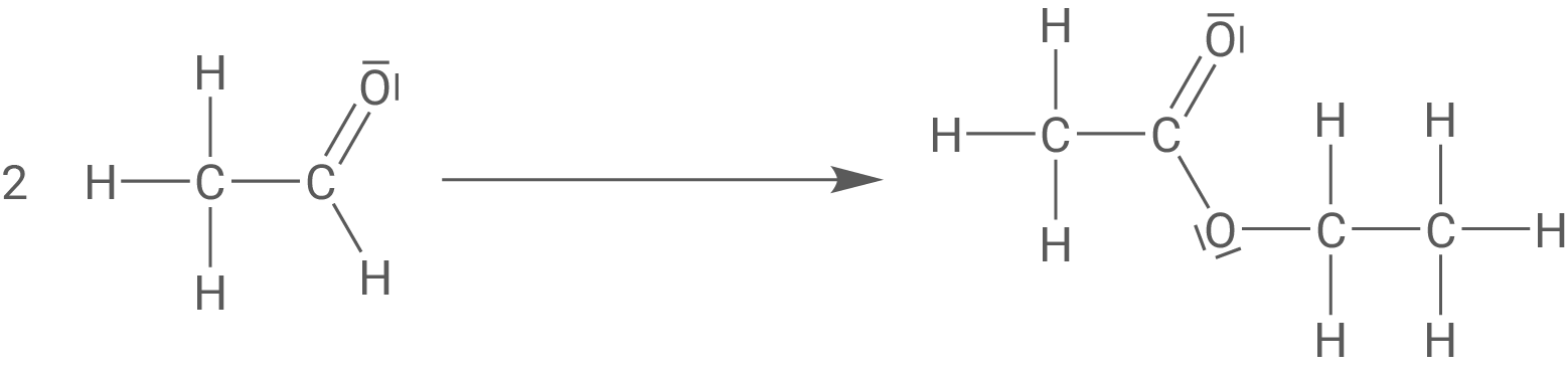 Schematische Darstellung: zwei Ethanal-Moleküle reagieren zu einem verknüpften Produkt