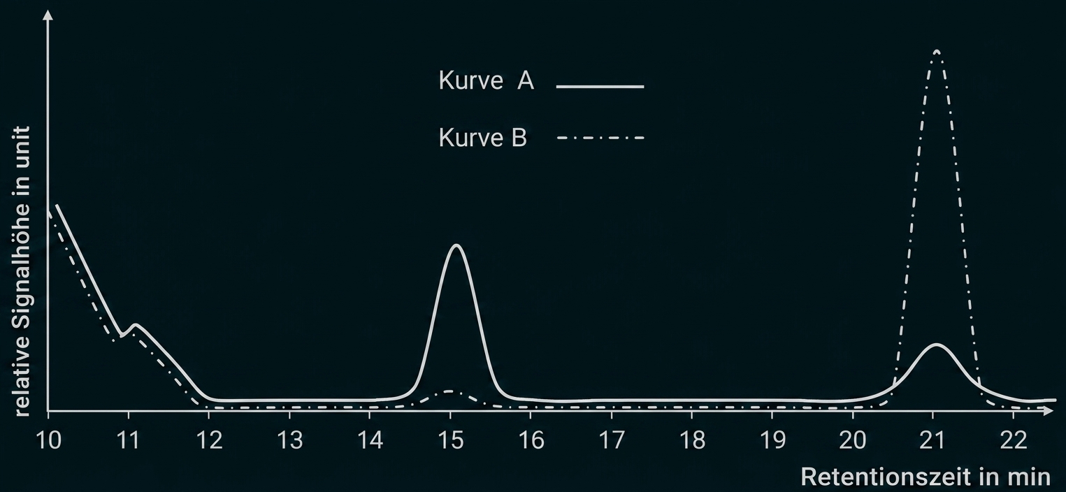 Zweikurvendiagramm (A durchgezogen, B gestrichelt) mit Peaks bei ~15 und ~21 min; Retentionszeit vs. relative Signalhöhe