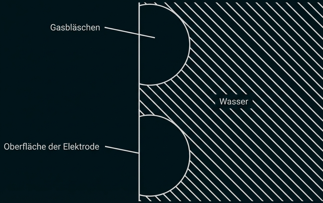 Schematische Darstellung: Elektrodenoberfläche links, zwei anhaftende Gasbläschen, rechts schraffiertes Wasser.