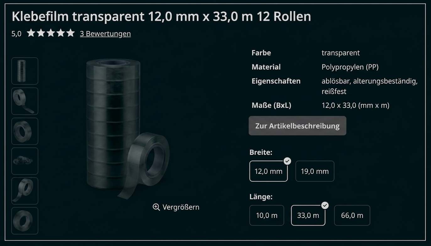 Transparentes Klebefilm-Set mit Rolle und Produktdetails, 12 mm breit, 33 m lang