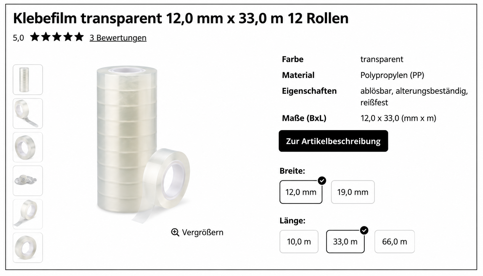 Transparentes Klebefilm-Set mit Rolle und Produktdetails, 12 mm breit, 33 m lang