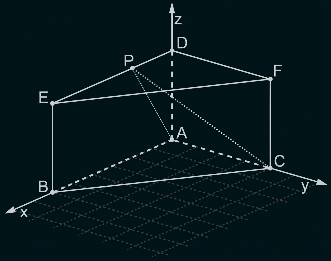 Dreidimensionale geometrische Skizze mit den Punkten A bis F und den Achsen x, y und z.