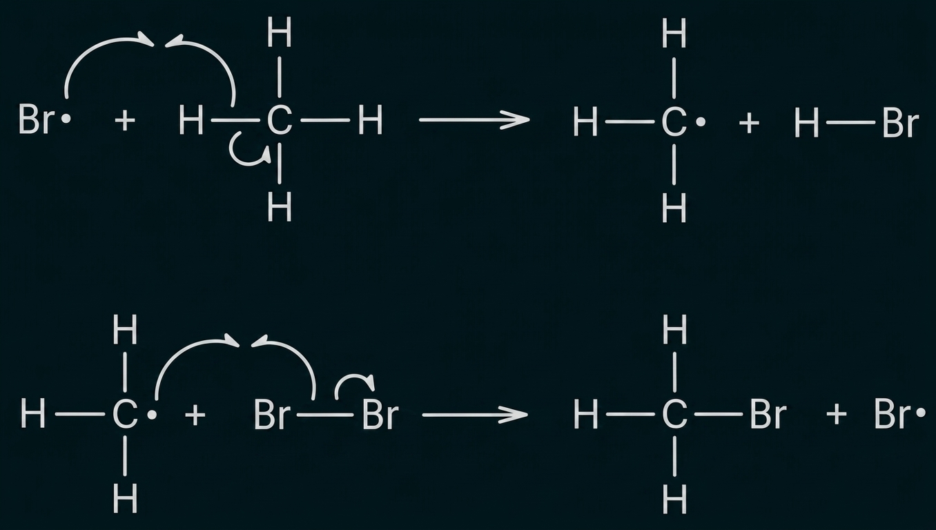 Radikalische Bromierung: Br· entzieht H, Methylradikal entsteht, reagiert mit Br2 zu Brommethan.
