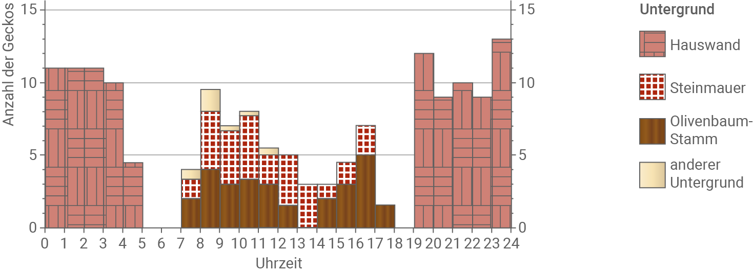 Balkendiagramm zur Anzahl der Geckos nach Uhrzeit und Untergrundkategorie.