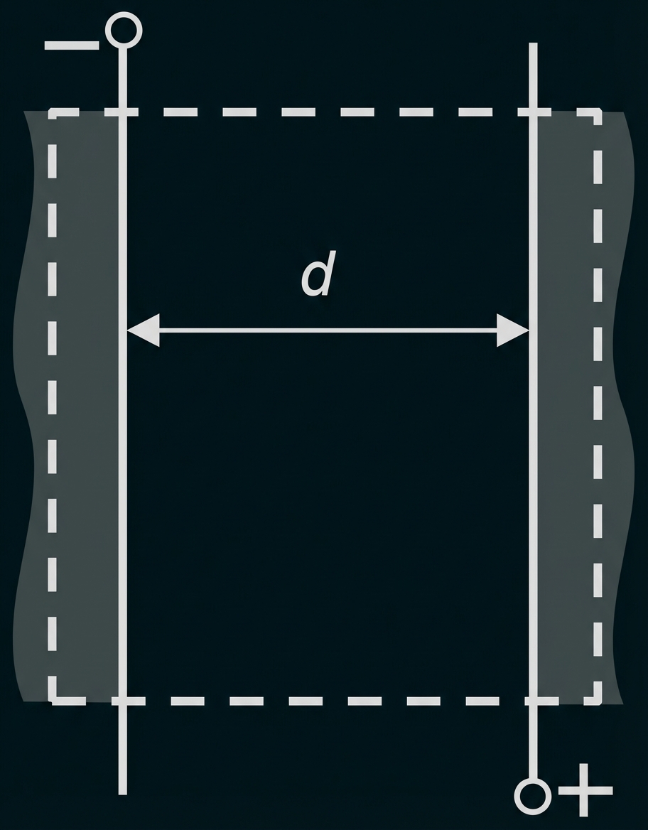 Schematische Darstellung zweier paralleler Leiter mit Pfeil „d“ für Abstand, gestricheltem Rahmen und grauen Randbereichen