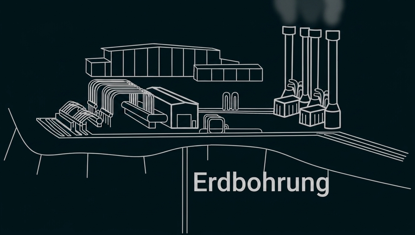 Schematische Darstellung einer Erdbohrung mit Industrieanlagen und Leitungen.