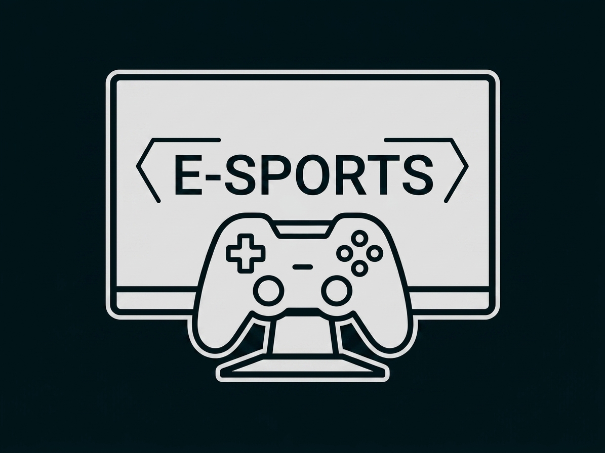 Monitor mit Schrift "E-SPORTS" und Videospiel-Controller im Vordergrund