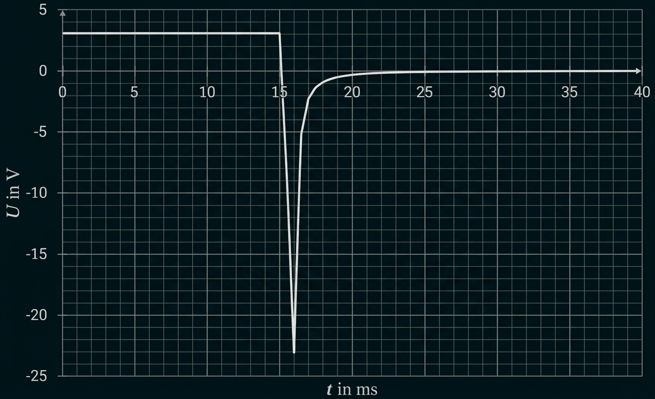 Diagramm eines Spannungsverlaufs über der Zeit mit starkem Einbruch bei etwa 16 ms.