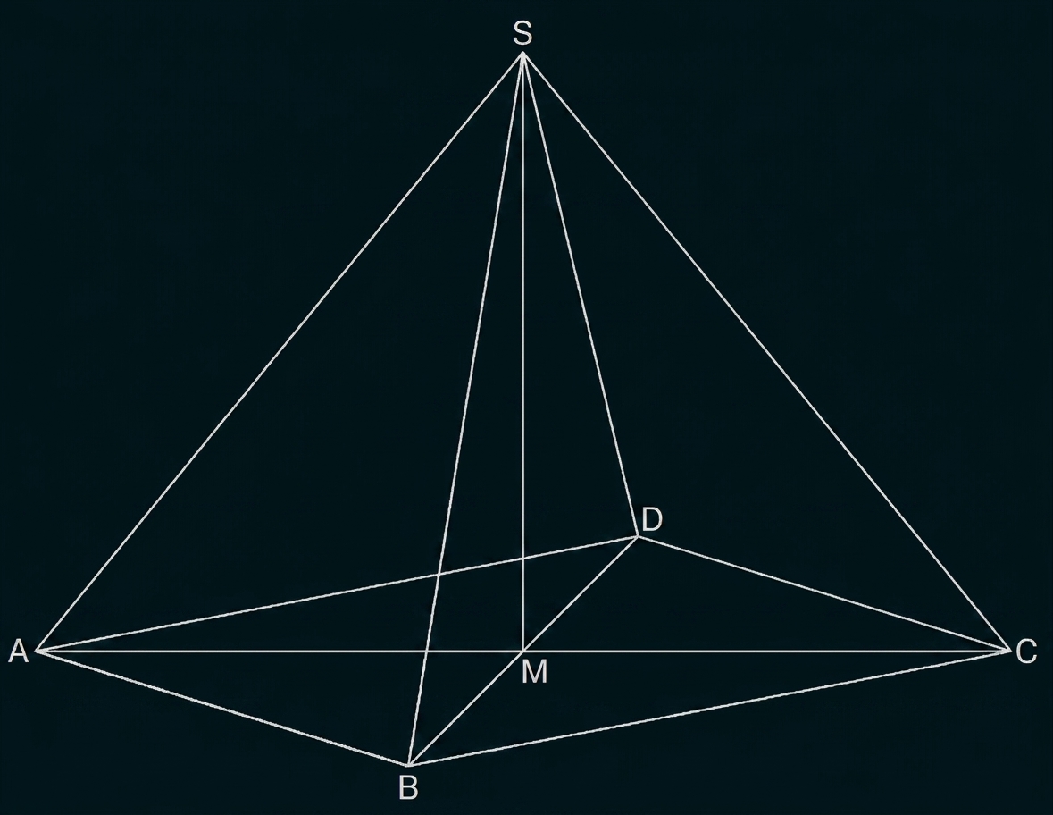 Pyramiden-Skizze mit Spitze S, Grundpunkte A, B, C, Punkt M und eingezeichneten Kanten
