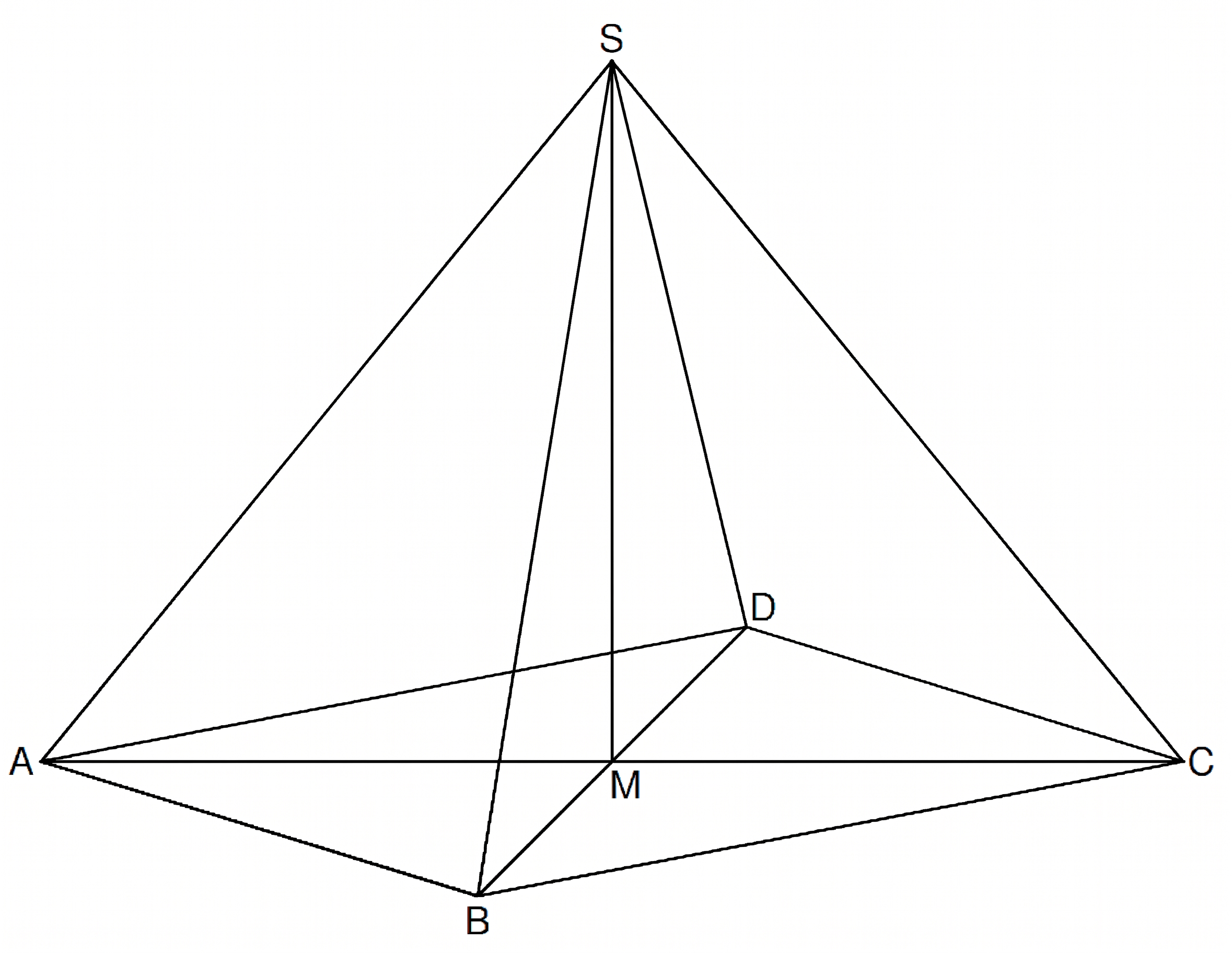 Pyramiden-Skizze mit Spitze S, Grundpunkte A, B, C, Punkt M und eingezeichneten Kanten