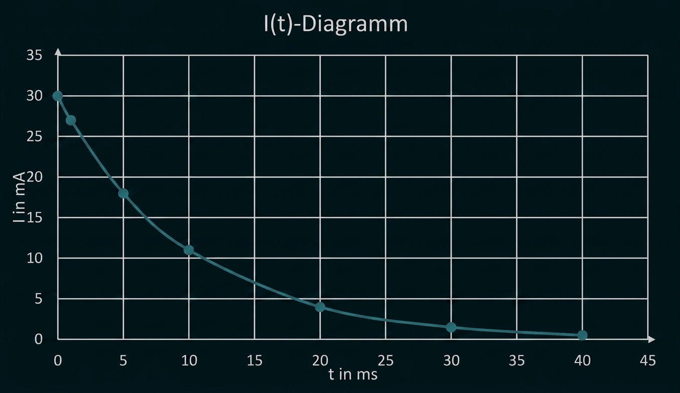 I(t)-Diagramm mit fallender Kurve von 30 mA auf nahezu 0 mA über 40 ms.
