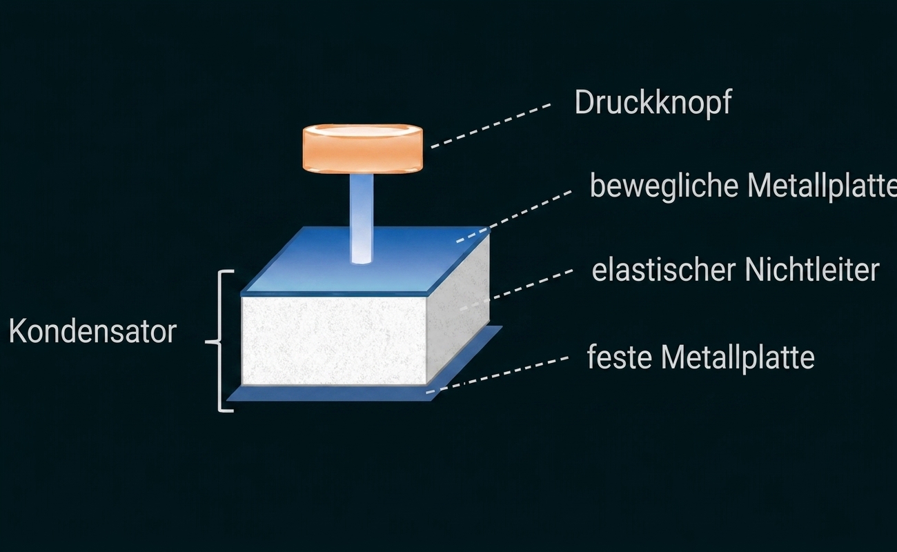 Schematische Darstellung eines Kondensators mit Druckknopf, beweglicher und fester Metallplatte sowie elastischem Nichtleiter