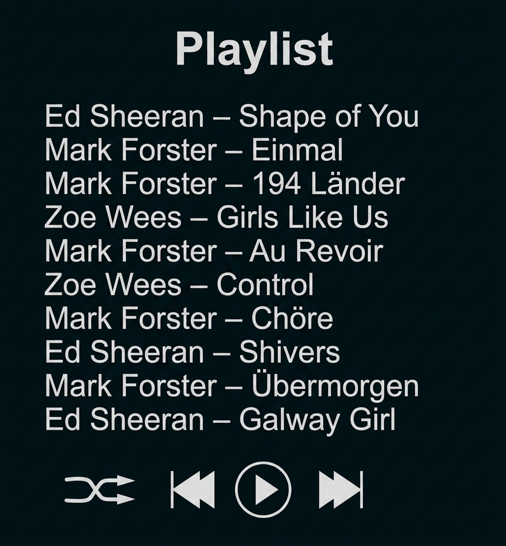 Playlist-Kästchen mit Songliste (Ed Sheeran, Mark Forster, Zoe Wees) und Wiedergabe-/Steuericons.