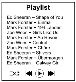Playlist-Kästchen mit Songliste (Ed Sheeran, Mark Forster, Zoe Wees) und Wiedergabe-/Steuericons.