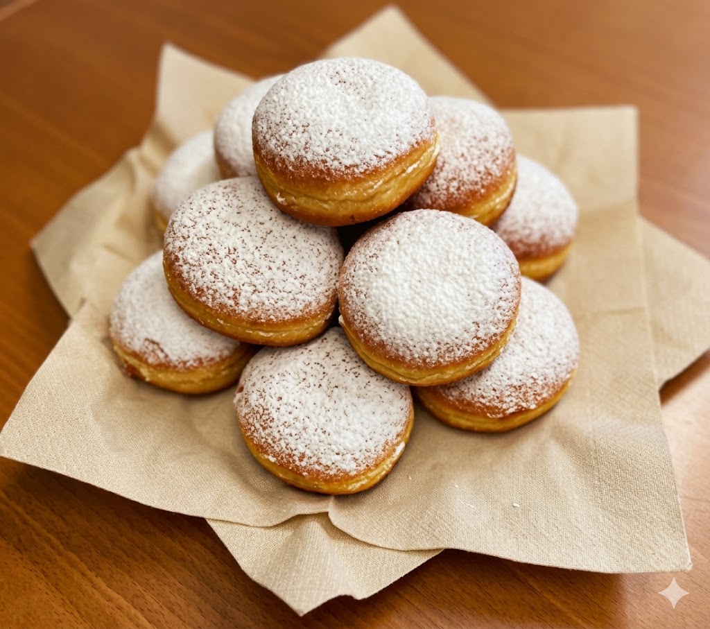 Mehrere mit Puderzucker bestäubte Krapfen auf einer Serviette