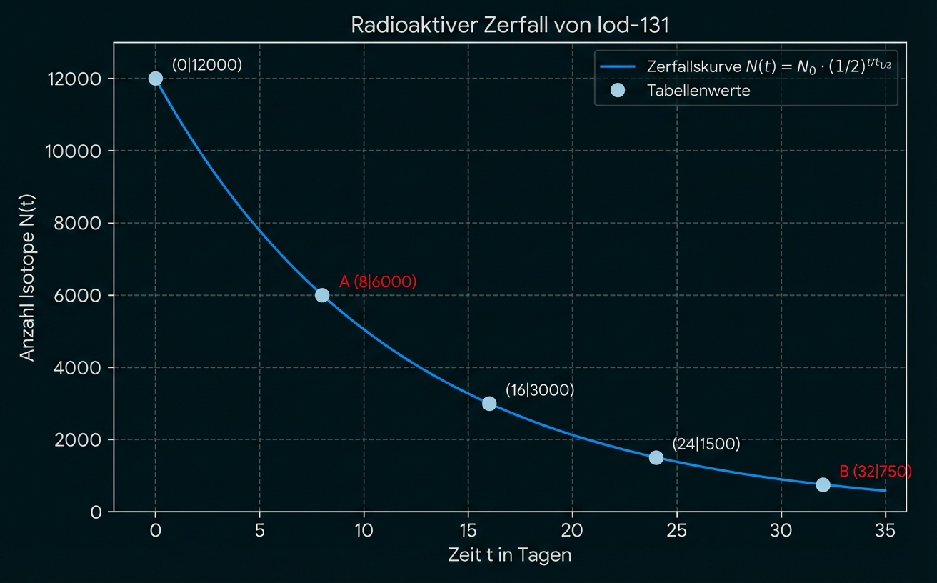 Diagramm: Radioaktiver Zerfall von Iod-131, abfallende Kurve der Isotopenanzahl über 0–35 Tage mit markierten Messpunkten