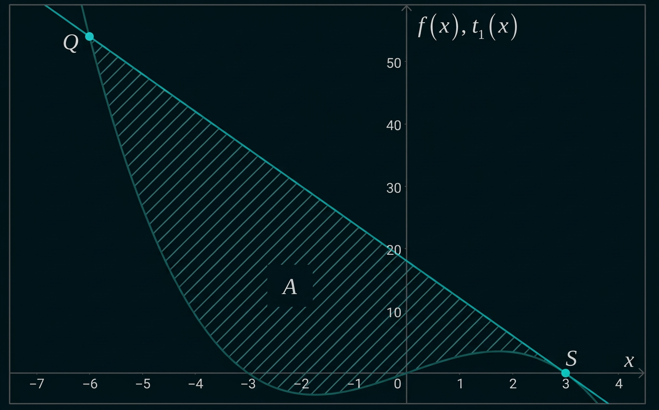 Schraffierte Fläche zwischen dem Graphen von f(x) und der Tangente t₁(x) von Q bis S.