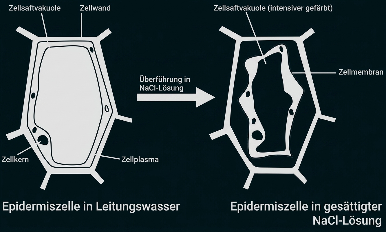 Zwei Epidermiszellen: links prall in Leitungswasser, rechts plasmolysiert nach Überführung in gesättigte NaCl‑Lösung.