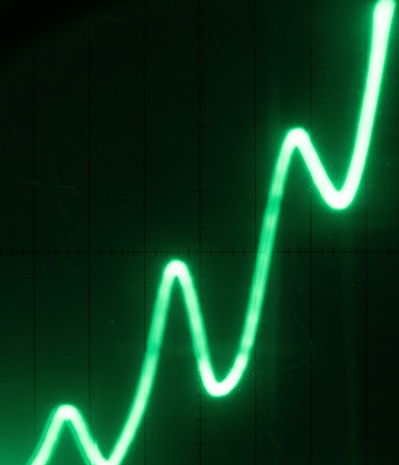 Grüne, aufsteigende Wellenlinie auf dunklem, kariertem Bildschirm