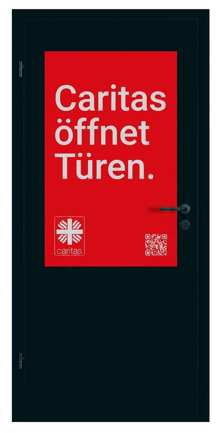 Weiße Tür mit rotem Caritas-Plakat und dem Text „Caritas öffnet Türen“.