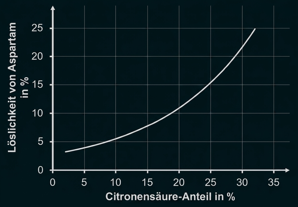 Liniendiagramm: Löslichkeit von Aspartam (%) steigt mit Citronensäure-Anteil (%)