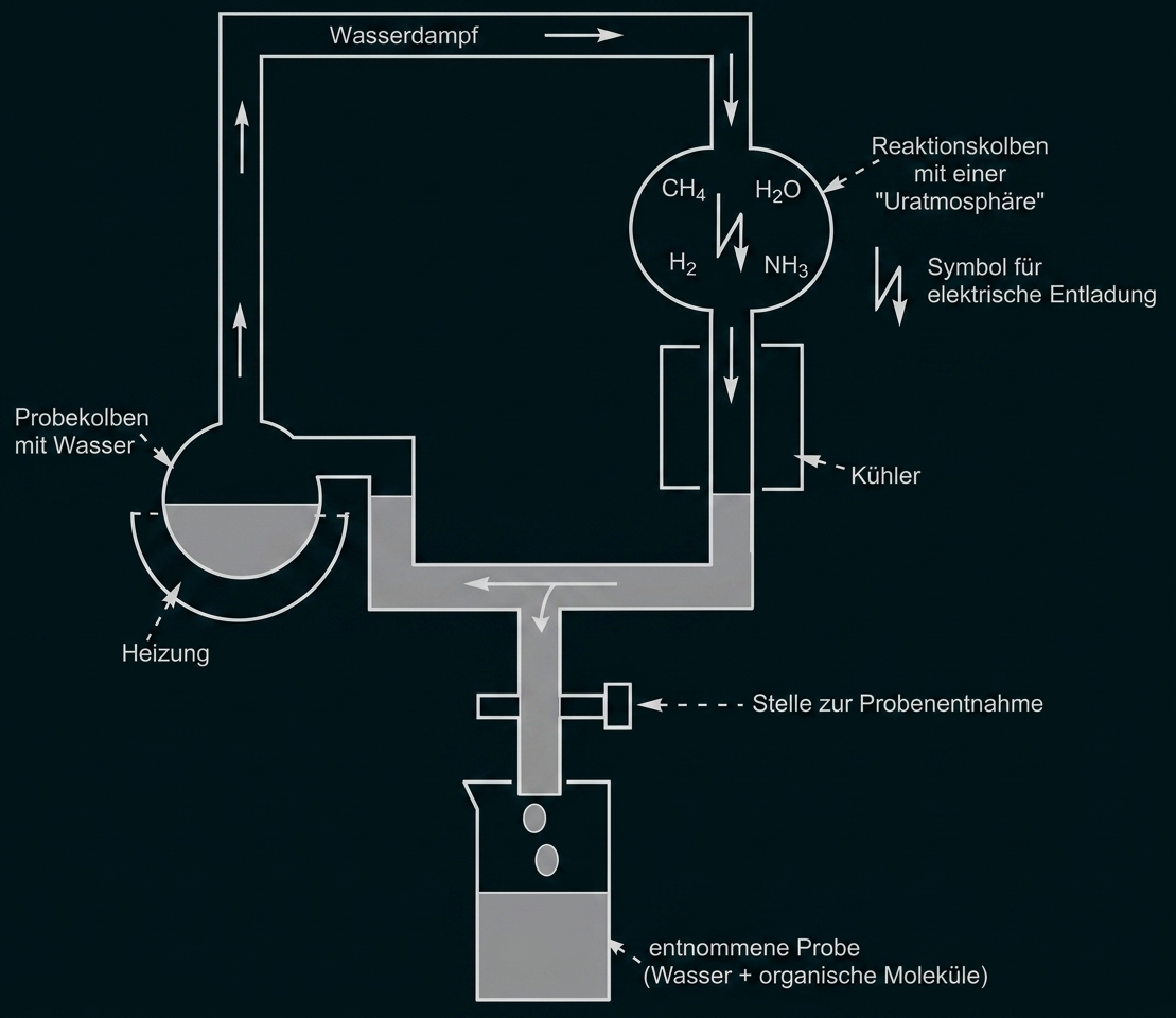 Schematische Abbildung des Miller-Urey-Experiments zur Uratmosphäre mit Reaktionskolben, Kühler, Rohren und elektrischer Entladung.