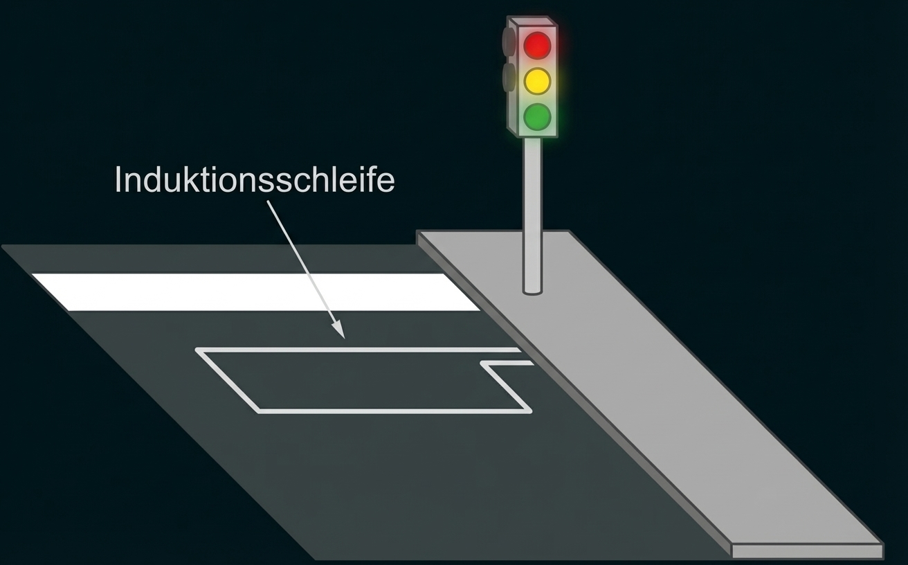 Ampel an Straße mit eingezeichneter Induktionsschleife im Fahrbahnbelag