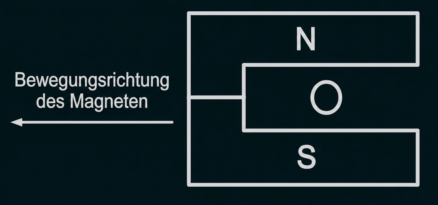 Magnet mit N- und S-Pol und Pfeil für Bewegungsrichtung