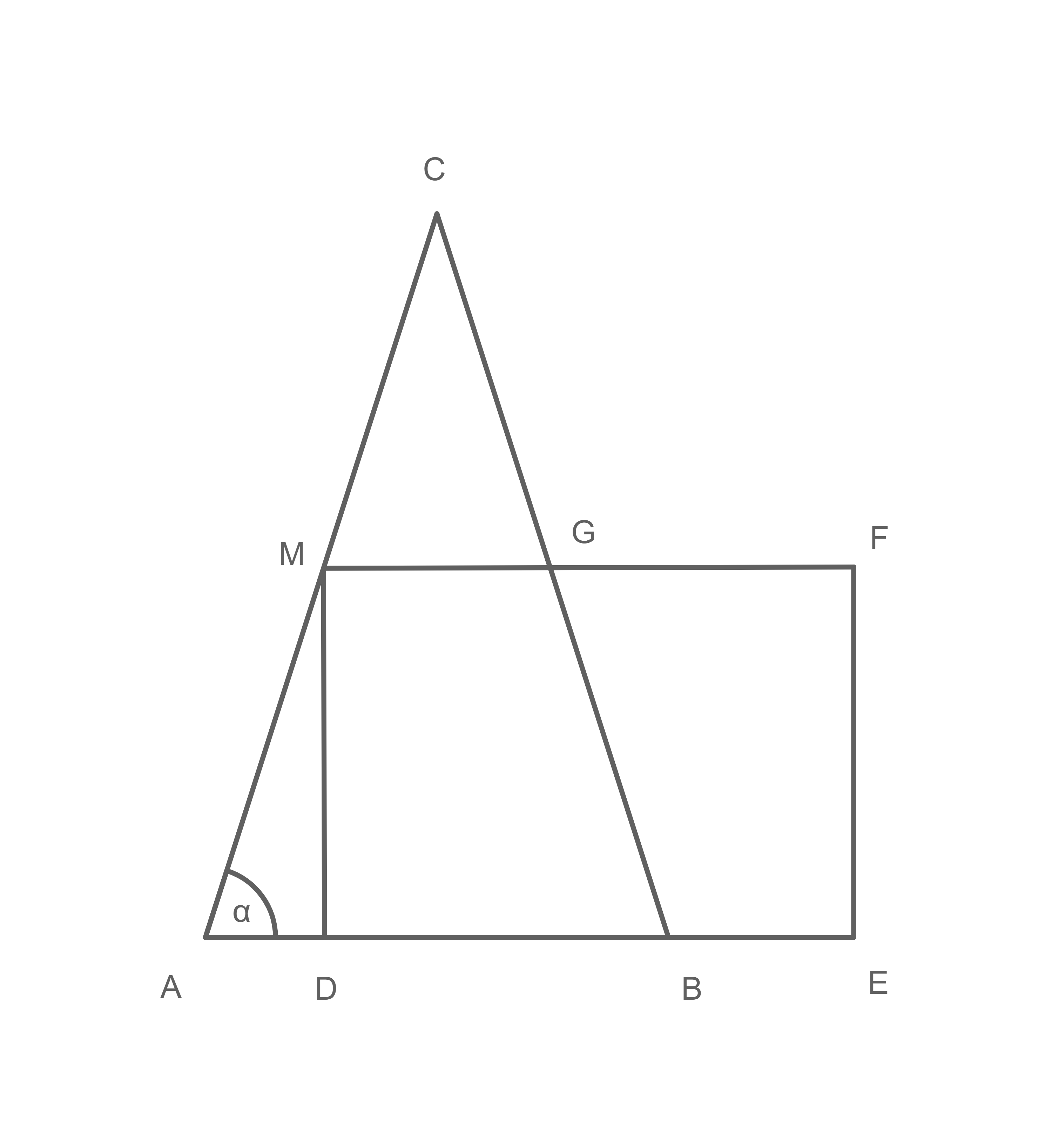 Geometrische Darstellung eines Dreiecks und eines Rechtecks mit beschrifteten Punkten und einem Winkel.