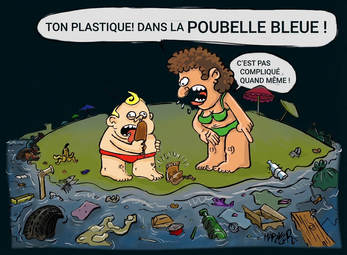 Cartoon: Frau schimpft am Strand auf Kind, Meer und Strand sind voller Müll.