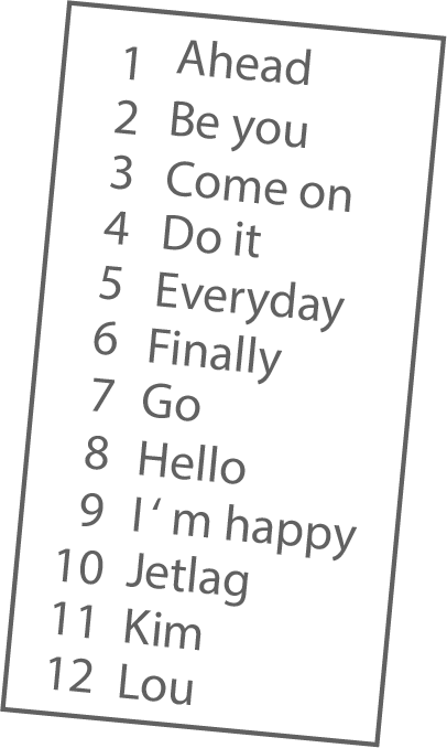 Schräge Liste mit 12 nummerierten englischen Wörtern.