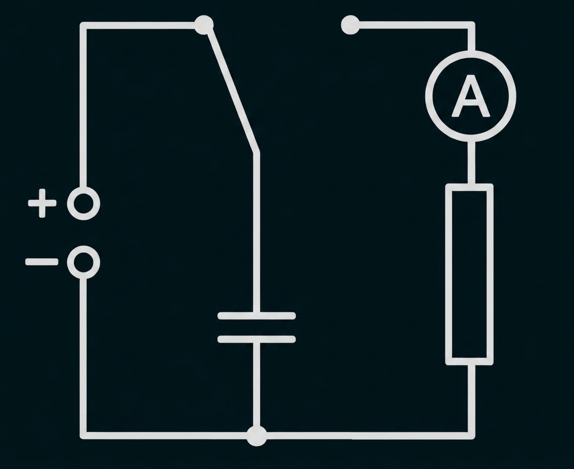 Elektrischer Schaltkreis mit Amperemeter, Schalter, Batterie und Widerstand.