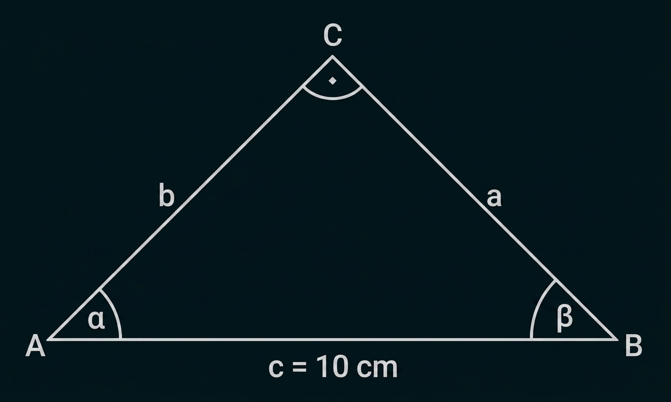 Dreieck ABC mit Basis c=10 cm, Seiten a und b, Winkel α bei A, β bei B und Spitze C.