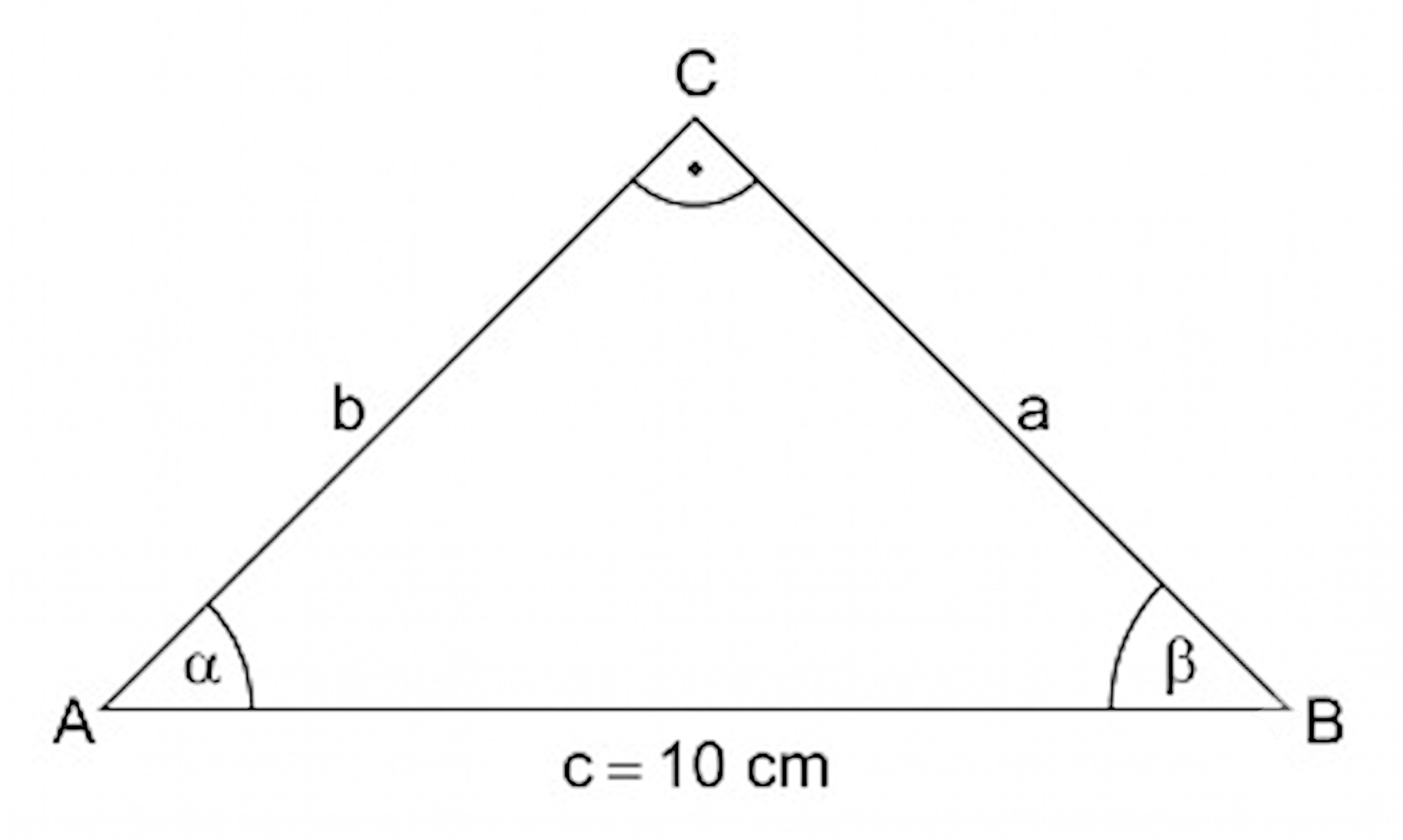Dreieck ABC mit Basis c=10 cm, Seiten a und b, Winkel α bei A, β bei B und Spitze C.