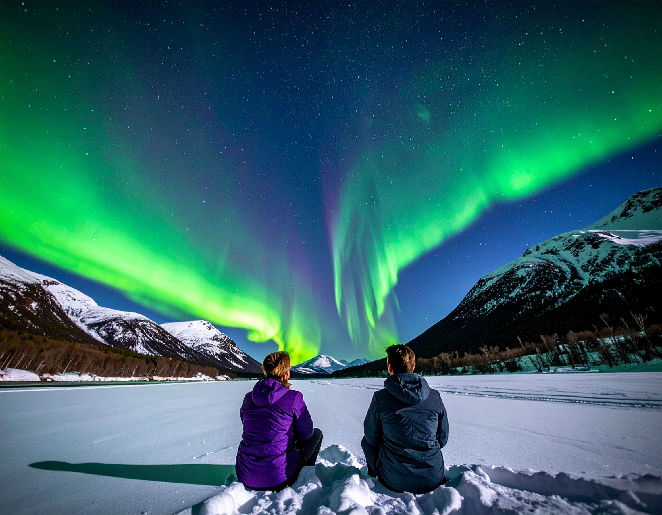 Zwei Menschen sitzen im Schnee und beobachten das grüne Nordlicht über einer verschneiten Landschaft.