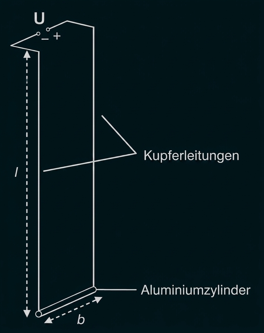 Skizze: senkrechter Leiter mit Kupferleitungen, Aluminiumzylinder unten, Spannungsquelle oben, Maße l und b.