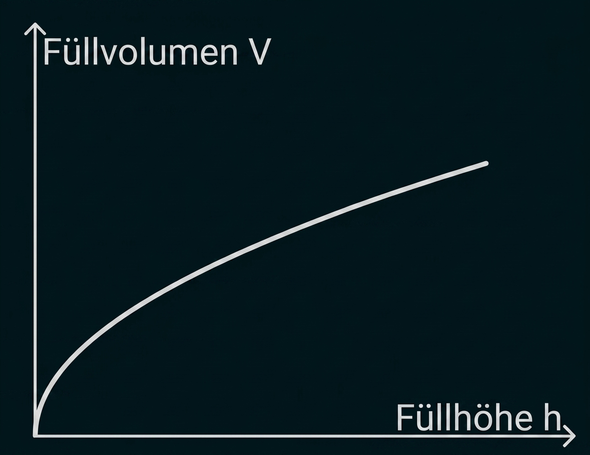 Graph mit aufsteigender, konkaver Kurve: Füllvolumen V in Abhängigkeit von Füllhöhe h