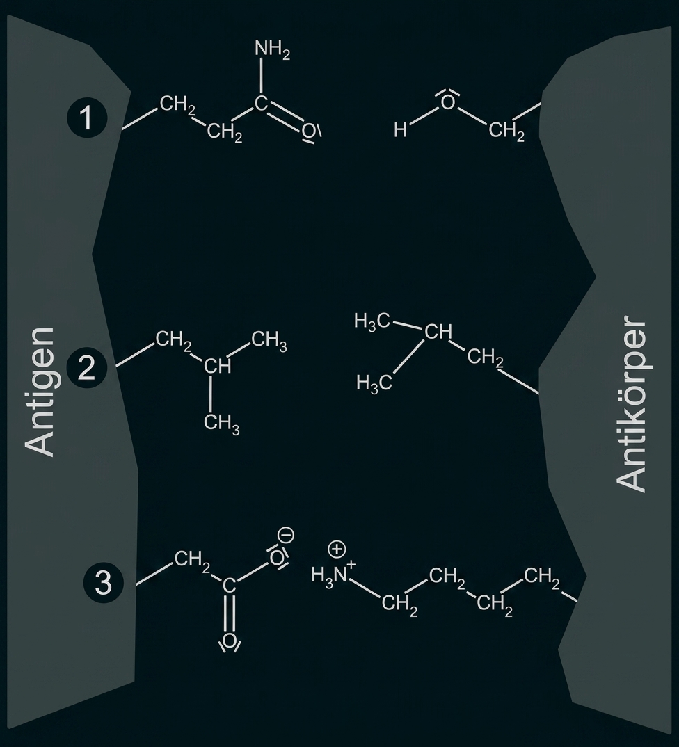 Schematische Darstellung: Antigene links, Antikörper rechts, verschiedene kleine chemische Strukturformeln dazwischen.