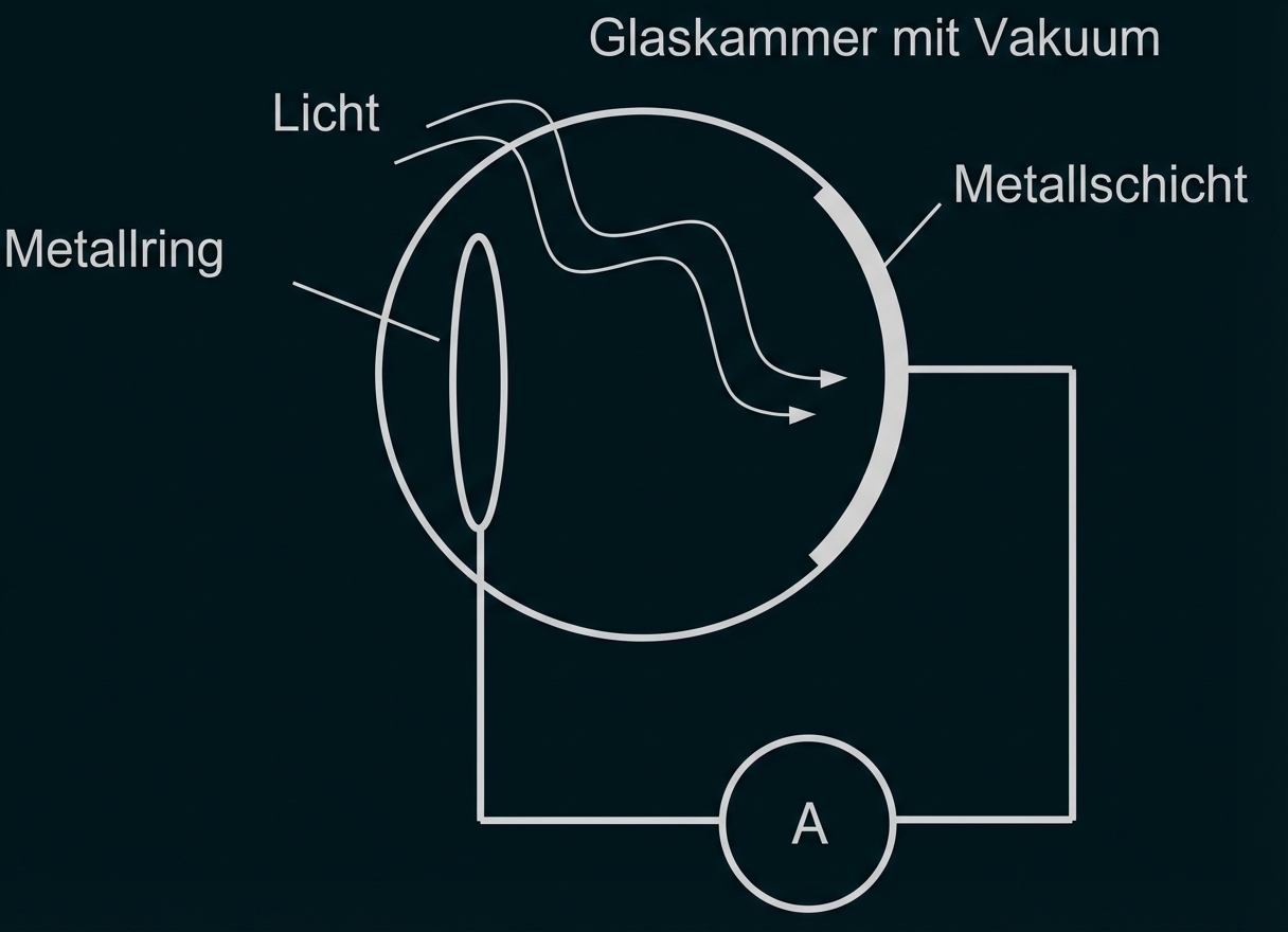 Skizze: Glaskammer mit Vakuum, Metallschicht und Metallring, Lichtstrahlen und angeschlossener Stromkreis mit Amperemeter.