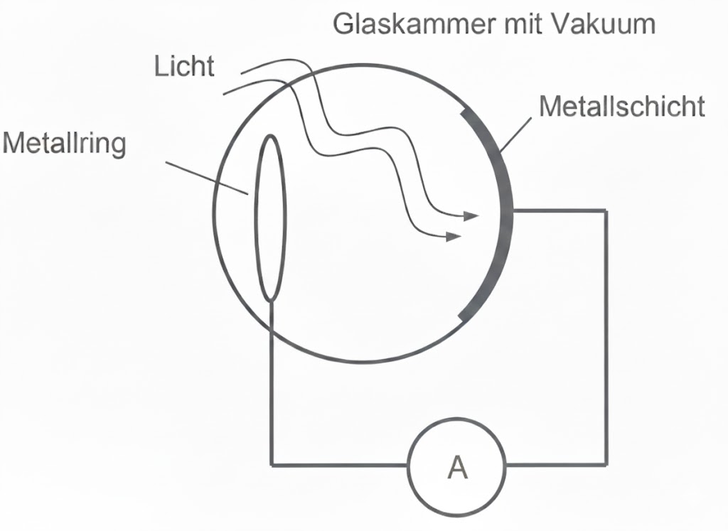 Skizze: Glaskammer mit Vakuum, Metallschicht und Metallring, Lichtstrahlen und angeschlossener Stromkreis mit Amperemeter.
