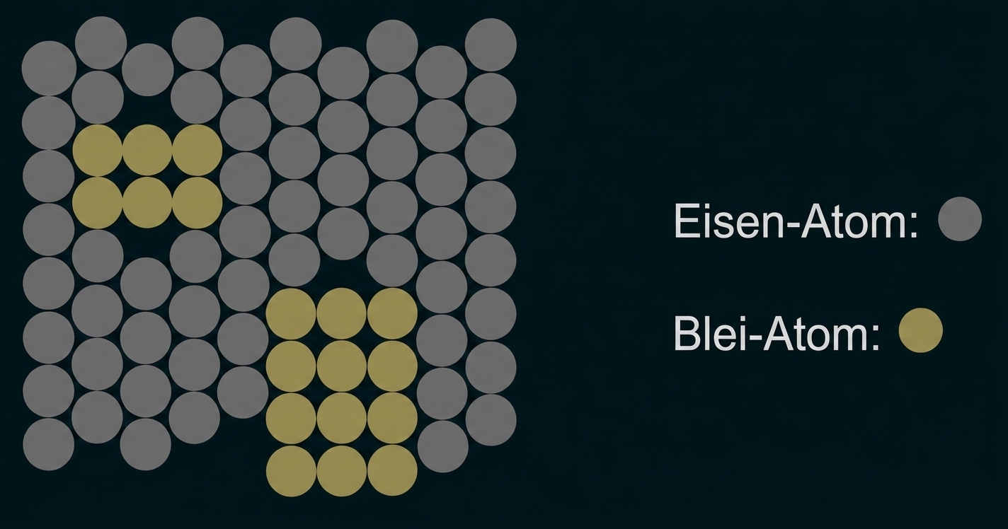 Punktgitter mit grauen Eisen-Atomen und goldenen Blei-Atomen, rechts eine Legende.