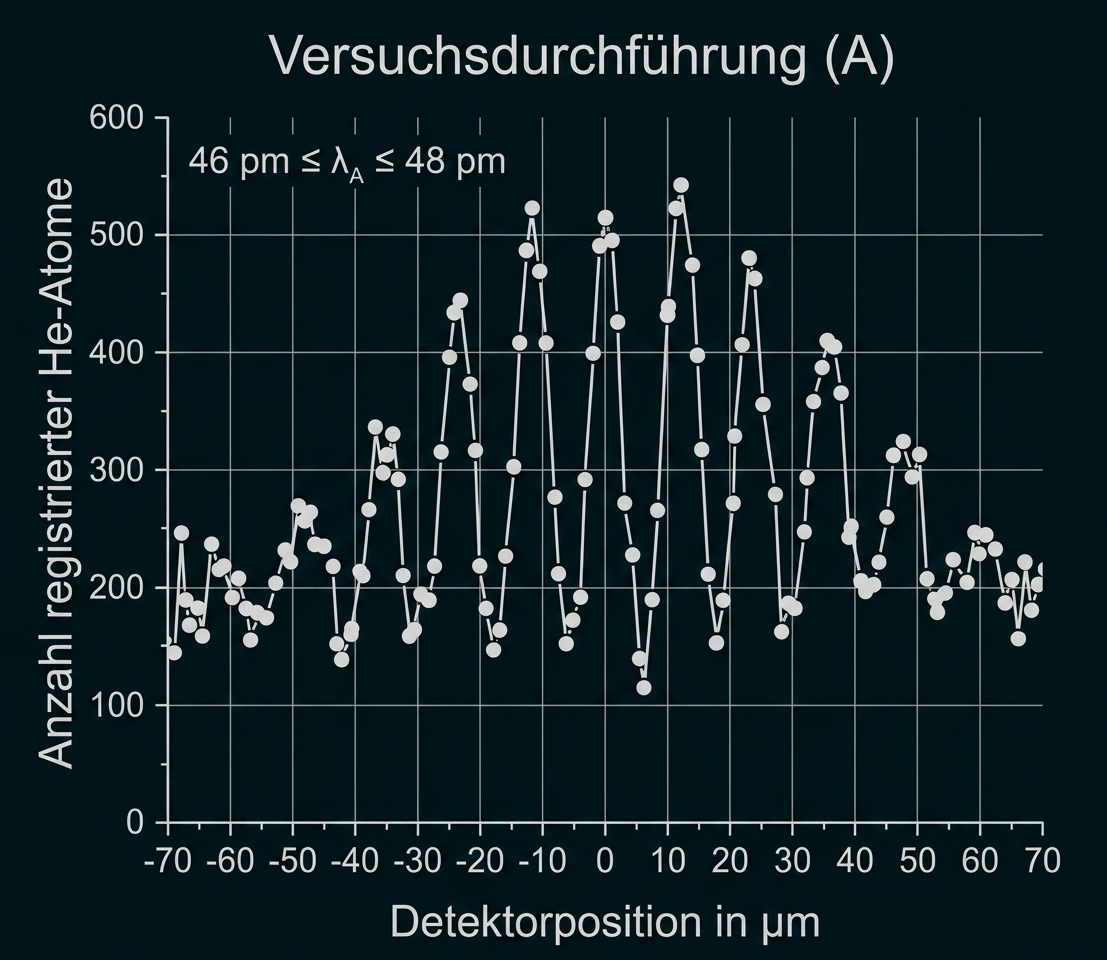 Diagramm: Anzahl registrierter He-Atome gegen Detektorposition in µm, punktierte Kurve mit mehreren Peaks