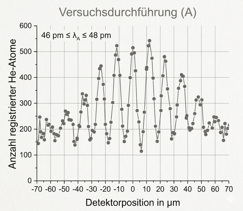 Diagramm: Anzahl registrierter He-Atome gegen Detektorposition in µm, punktierte Kurve mit mehreren Peaks