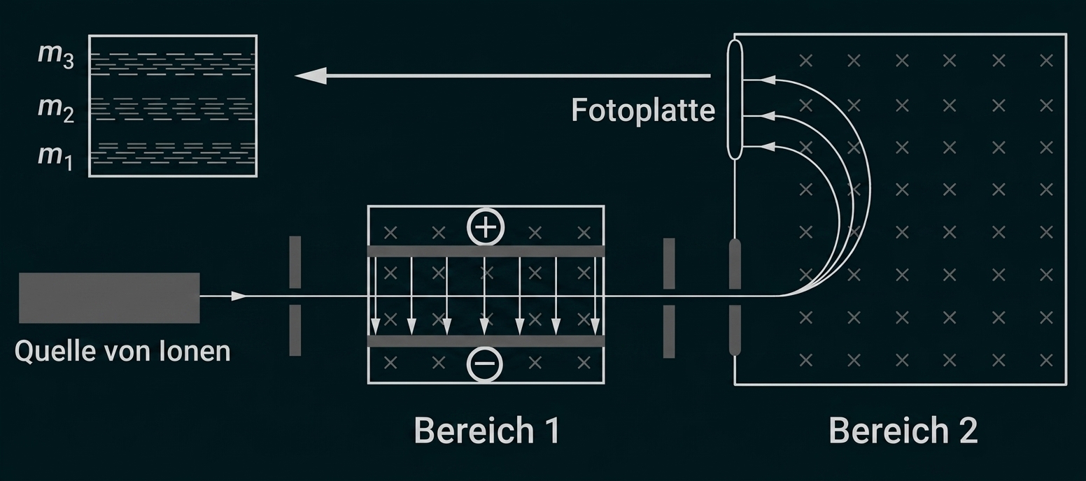 Schematische Skizze eines Massenspektrometers: Ionenquelle, Beschleunigung, Ablenkung im Magnetfeld und Fotoplatte.