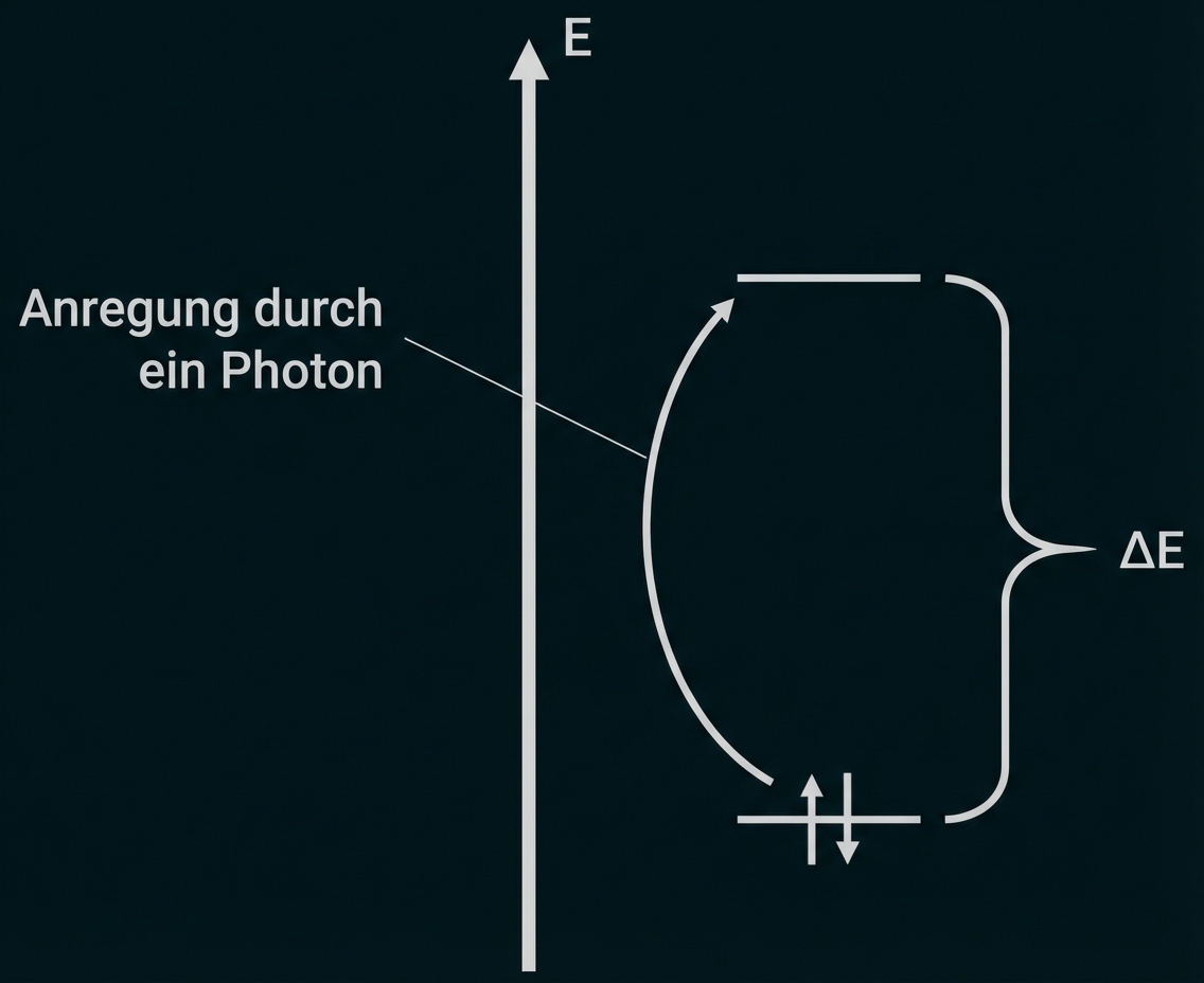 Energie-Diagramm: Photon regt Elektron vom unteren ins obere Niveau an, Übergangspfeil und ΔE markiert.