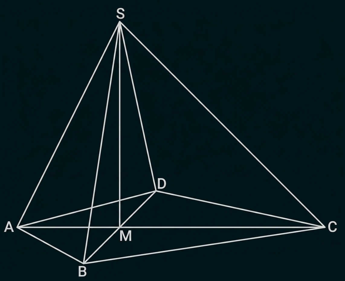 Geometrische Skizze eines Körpers mit den Punkten A, B, C, D, M und S.
