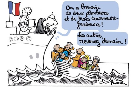 Karikatur: französisches Schiff mit Offizieren, überfülltes Rettungsboot voller Menschen