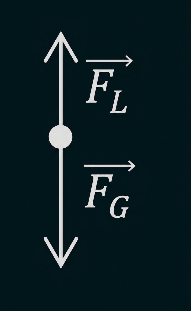 Vertikale Stange mit Kreis und Auf-/Abwärtspfeilen; rechts zwei horizontale Pfeile mit Beschriftung F_L und F_G