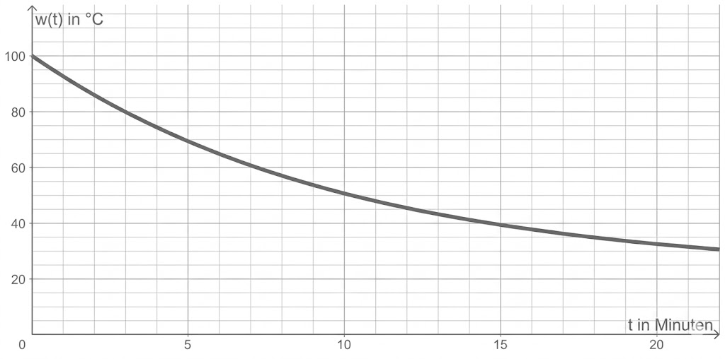 Diagramm: abfallende Temperaturkurve von 100°C auf ~30°C über 22 Minuten; y-Achse w(t) in °C, x-Achse t in Minuten.